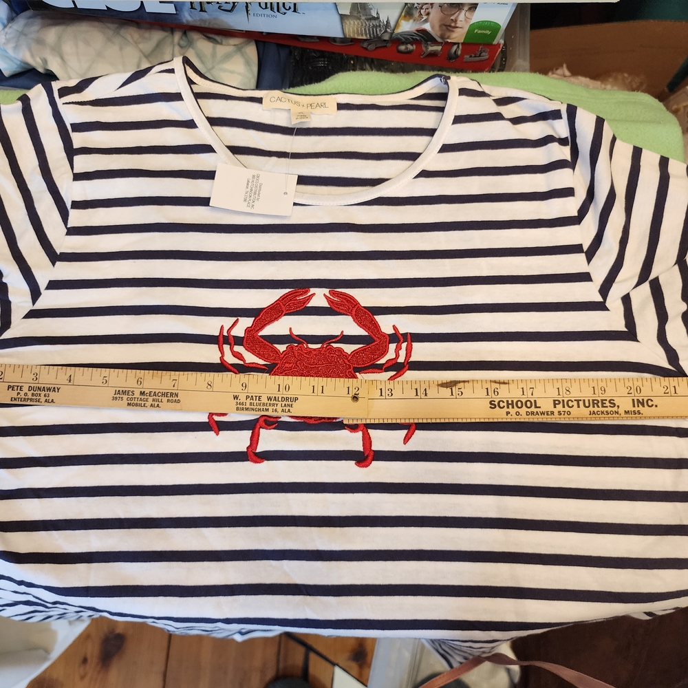 Striped Shirt with Red Crab Nautical 3 Quarter Sleeve - Picture 8 of 12
